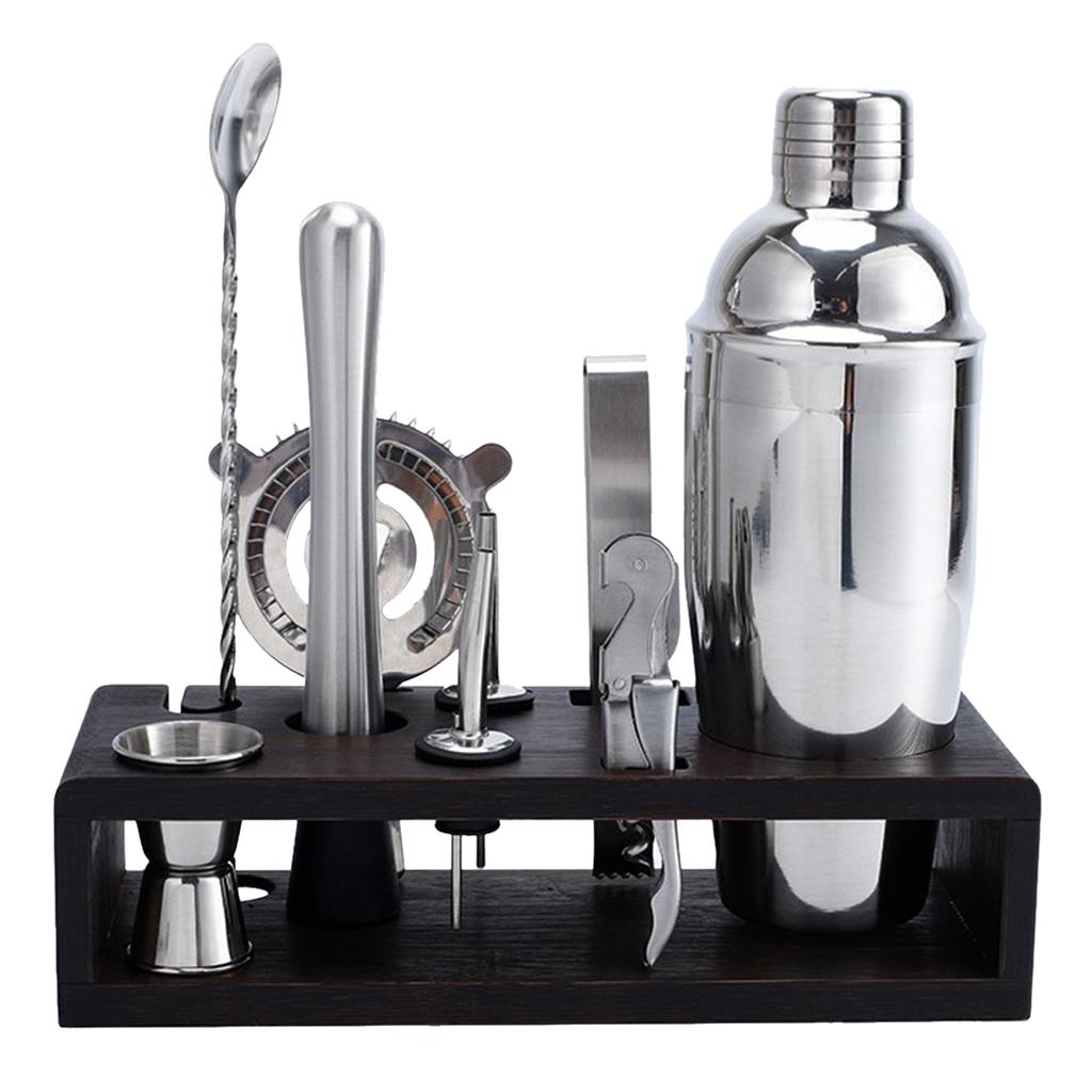 10pcs/Set Stainless Steel Bartender Kit Cocktail Martini Shaker Wooden Stand Set