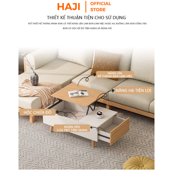 Bàn trà sofa thông minh tích hợp nâng hạ hiện đại, bàn cafe gỗ MDF chống ẩm tuyệt đối thương hiệu HAJI - A253