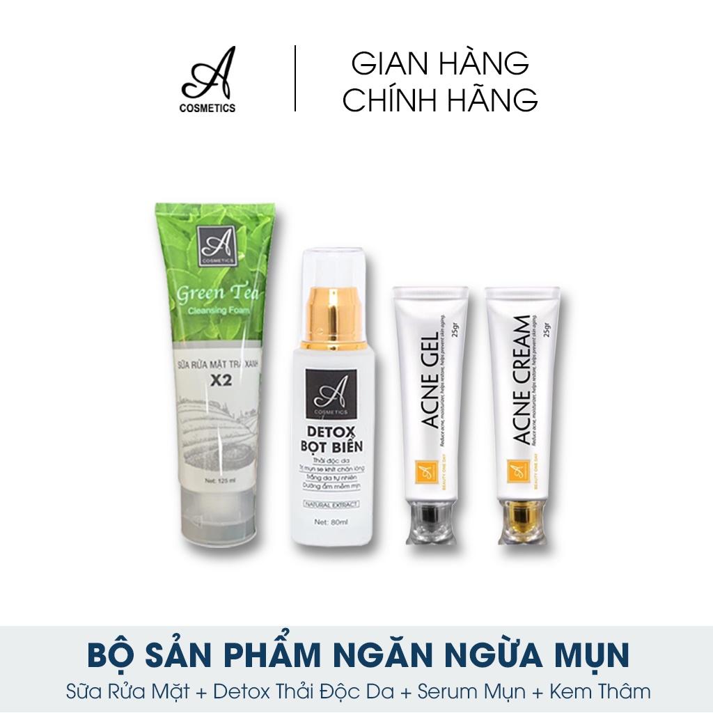 Bộ 3 Sp ngăn ngừa mụn Acosmetics: Sữa rửa mặt trà xanh 120ml + Detox bọt biển 80ml  và Kem ngừa mụn siêu tốc 50ml