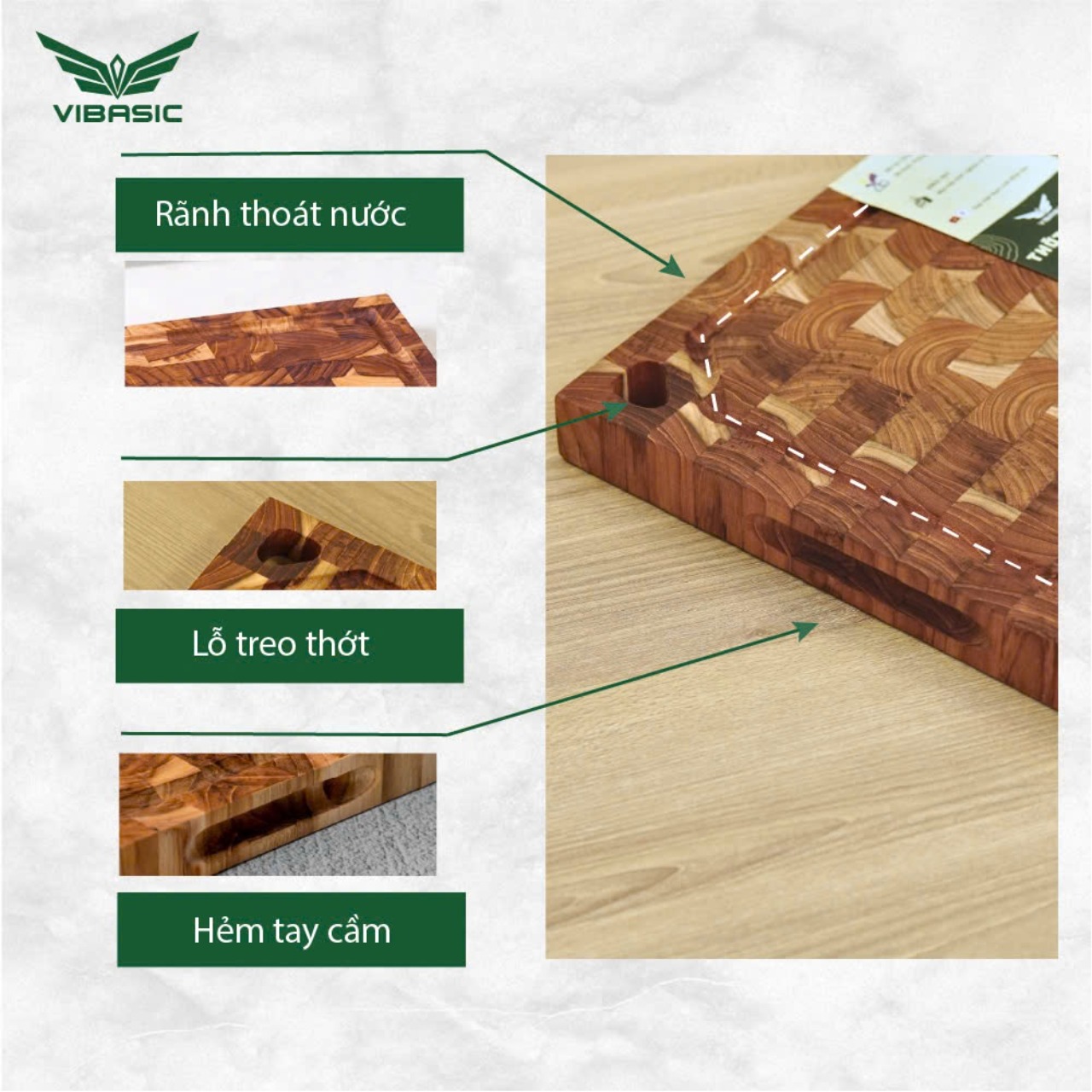 Thớt Gỗ Teak Vibasic ghép dựng block, kích thước 350x250x27mm dùng để cắt thái thực phẩm - Hàng chính hãng Bộ Quốc Phòng