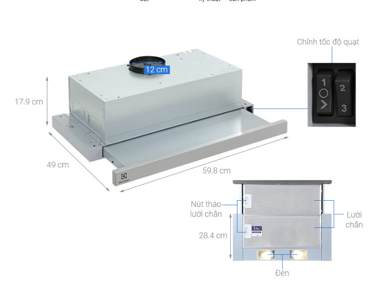 Máy hút mùi âm tủ Electrolux LFP316S Hàng Chính Hãng