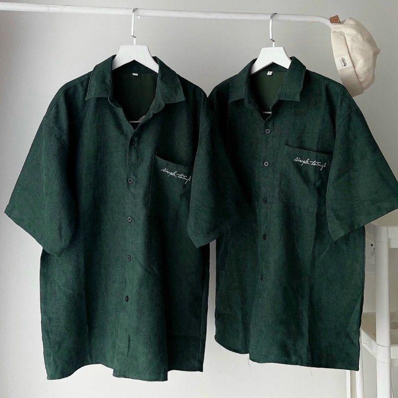 Áo sơ mi Xanh Rêu tay lỡ form rộng unisex nam nữ thêu chữ Simple things thích hợp mặc cặp chất Da lộn cao cấp