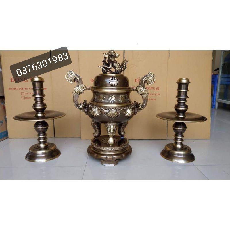 Bộ đỉnh lư thờ bằng đồng họa tiết hoa sòi cao 50cm