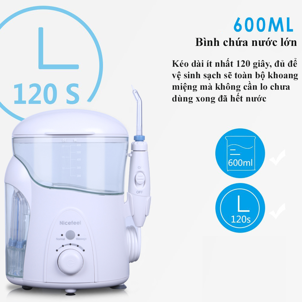 Máy tăm nước gia đình Nicefeel FC288W có chức năng massage, hộp đựng đầu phun bên hông máy không có tia UV