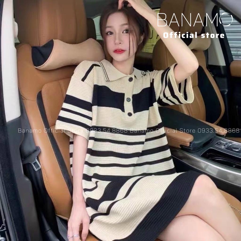 Đầm váy nữ polo dệt kim tay ngắn dáng rộng họa tiết kẻ ngang Thời Trang Banamo Fashion váy kẻ ngang 544