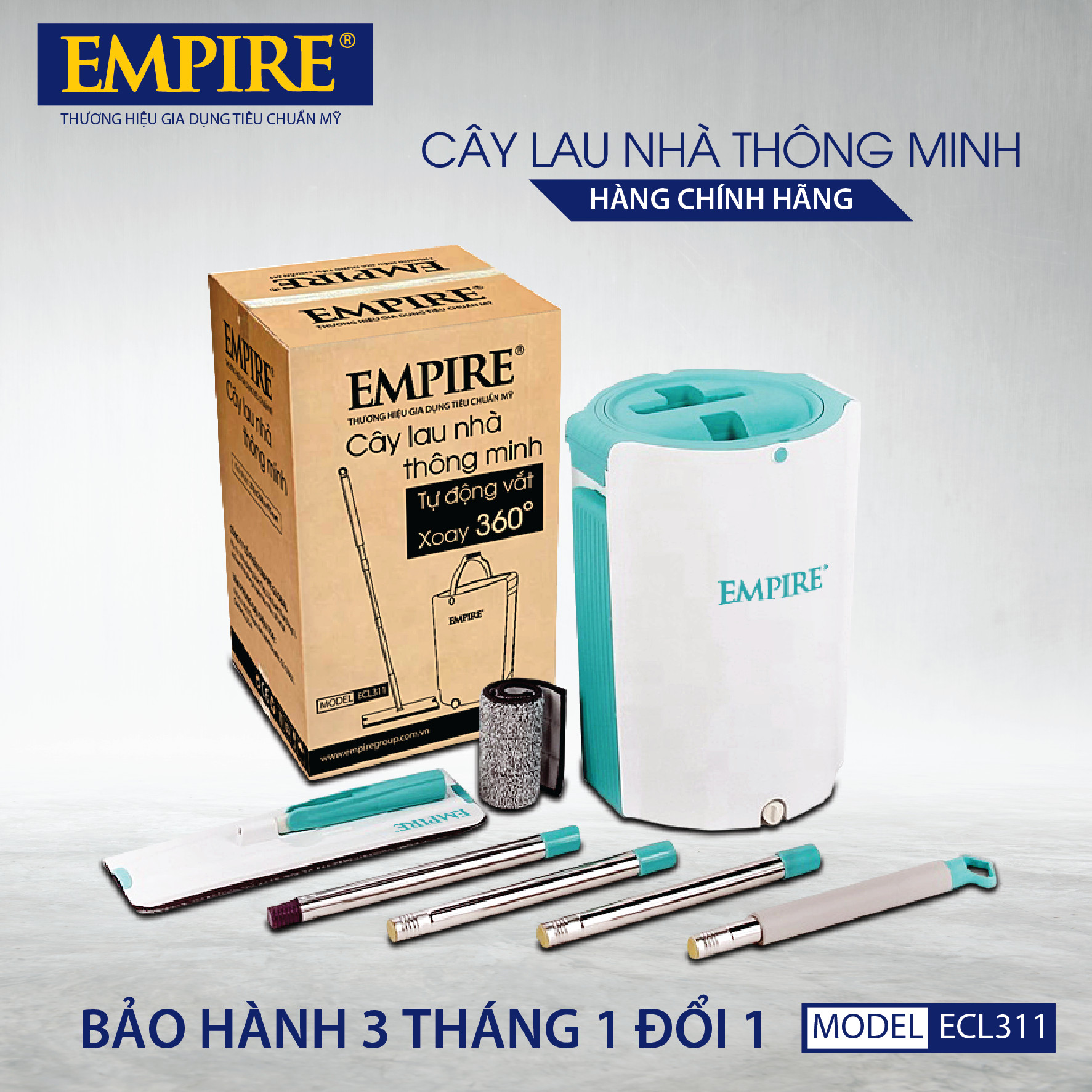 CÂY LAU NHÀ THÔNG MINH TỰ ĐỘNG VẮT, XOAY 360 ĐỘ EMPIRE 311 CAO CẤP. BỘ KÈM 02 BÔNG LAU, THÙNG LAU NHÀ, CÂY LAU NHÀ-Hàng chính hãng