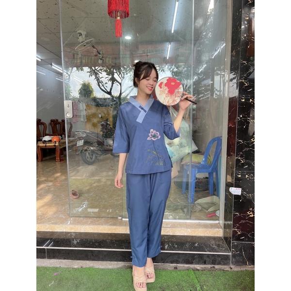 Set đồ lam đi chùa một nút thêu, thời trang nữ phật tử