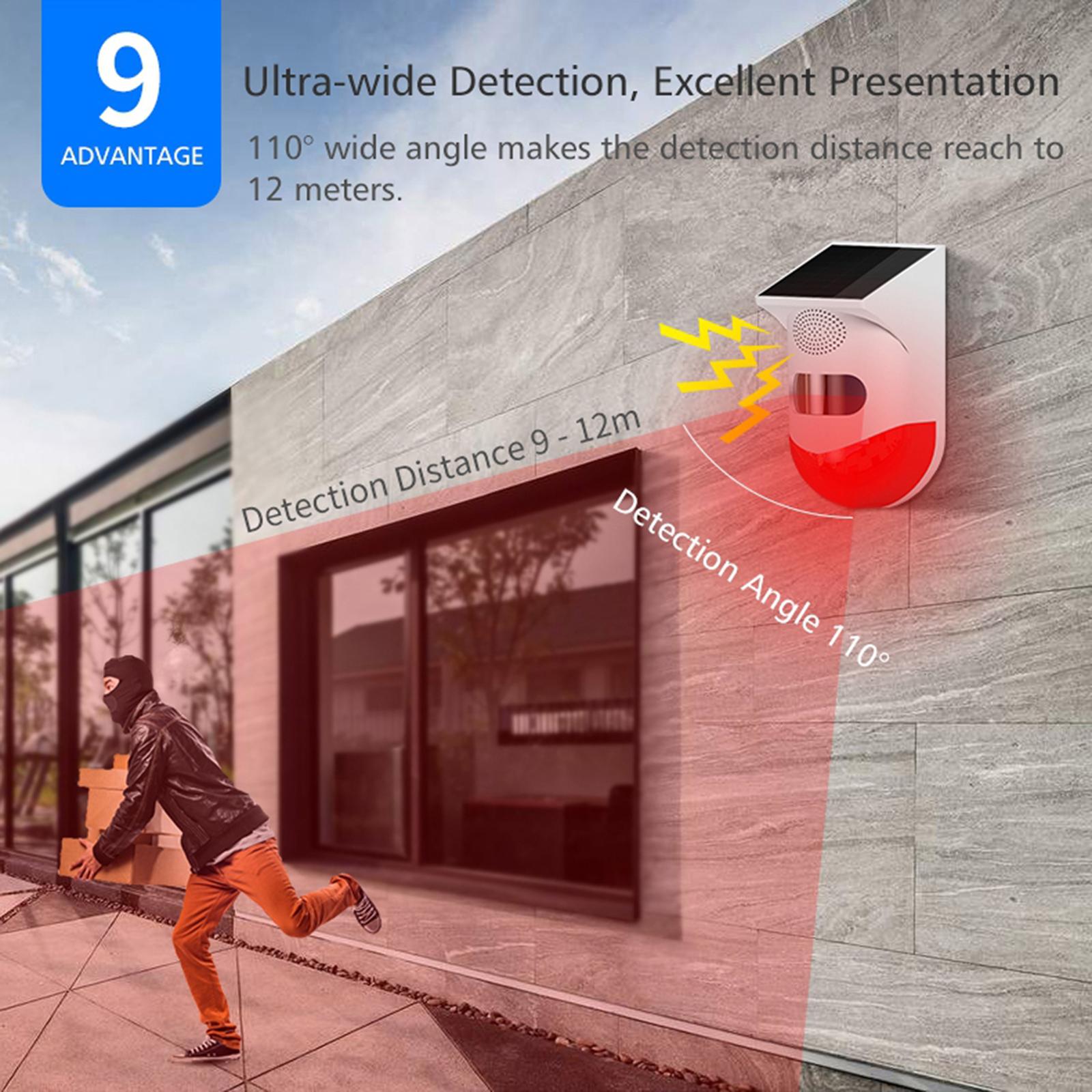 Solar Alarm,Motion Detector with Remote Controller 120db Sound Security Siren IP67 Waterproof for Home, Farm,Barn,Villa,Yard.