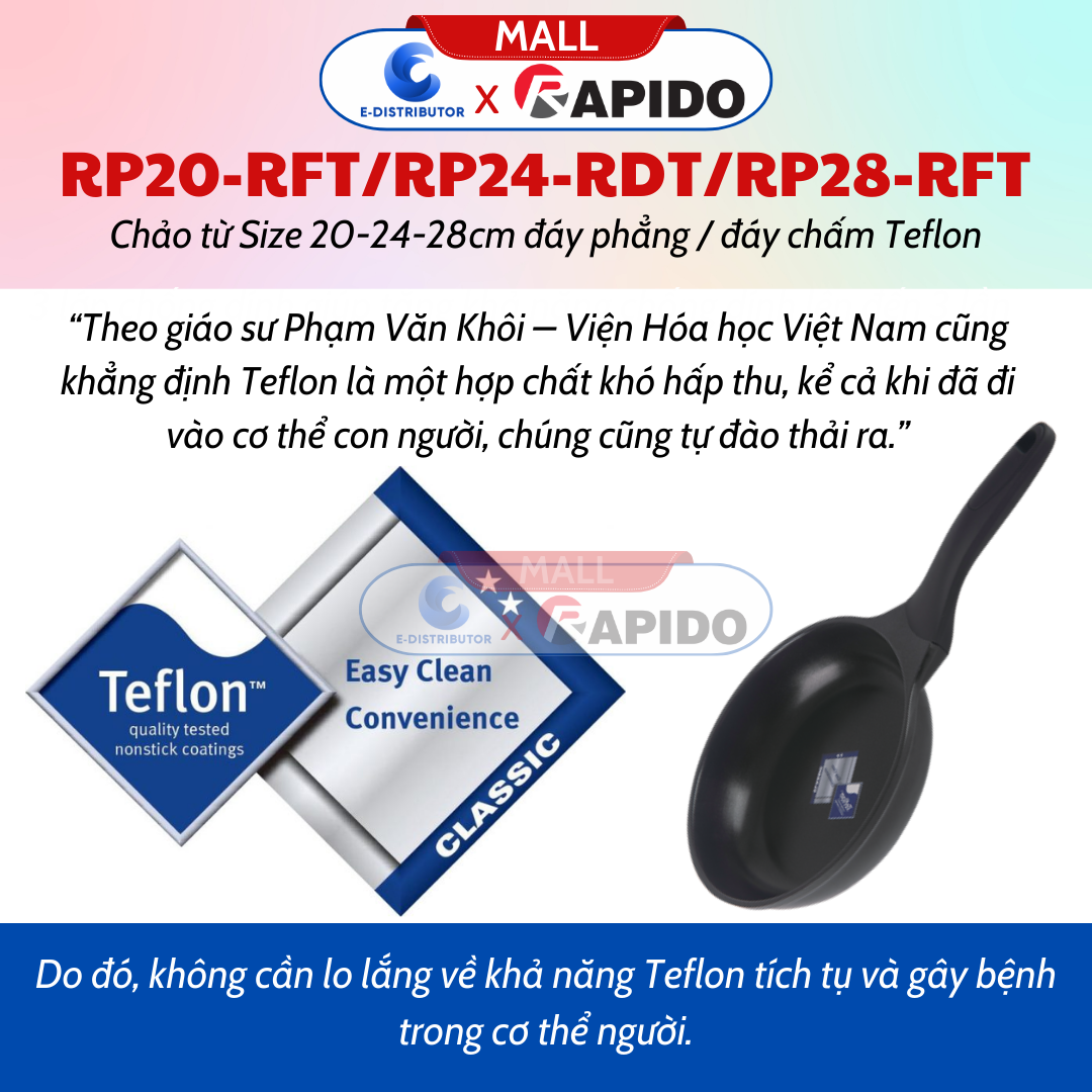 Chảo Từ Rapido Size 28cm Đáy Phẳng Teflon RP28-RFT - RP20-RFT (Size 20cm, Đáy Phẳng) - RP24-RDT (Size 24cm, Đáy Chấm) - Hàng Chính Hãng - Chịu Nhiệt Lên Tới 500 Độ C