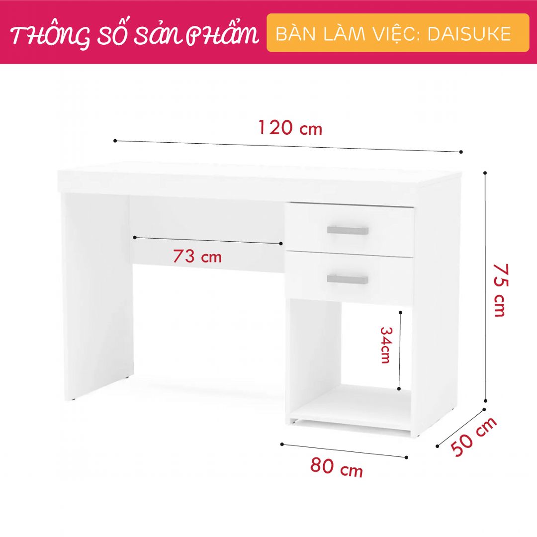 Bàn làm việc, bàn học gỗ hiện đại SMLIFE Daisuke | Gỗ MDF dày 17mm chống ẩm | D120xR50xC75cm