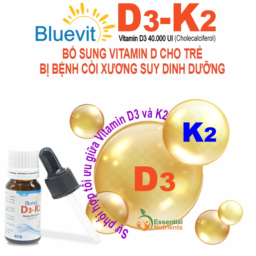 Thực phẩm bổ sung Vitamin D3 K2 - BLUEVIT cho trẻ sơ sinh, trẻ còi xương suy dinh dưỡng