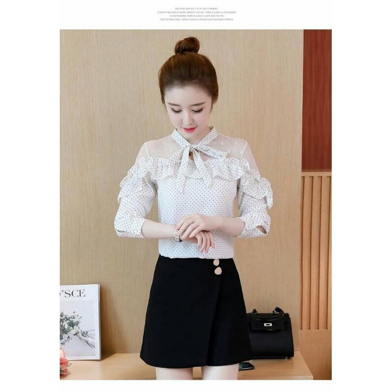 Áo sơ mi chấm bi cổ nơ- sơ mi điệu đà cho bạn gái