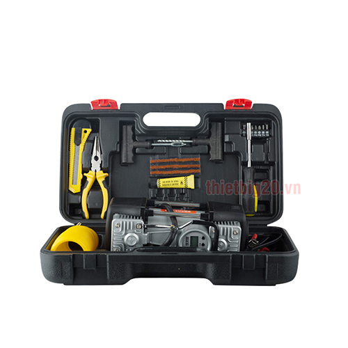 MÁY BƠM LỐP 2 XI-LANH TỐC ĐỘ CAO, TÍCH HỢP ĐÈN PIN, ĐỒNG HỒ ĐIỆN TỬ, KÈM BỘ VALI CỨU HỘ LỐP KHẨN CẤP