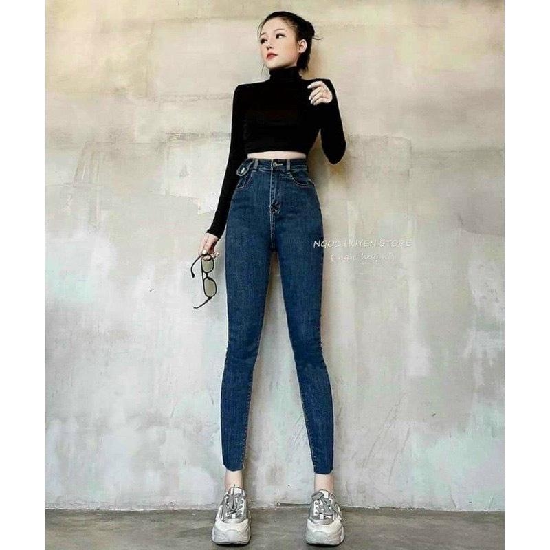 Quần jean cạp cao túi nắp 2 màu xanh đậm/ xanh nhạt 763