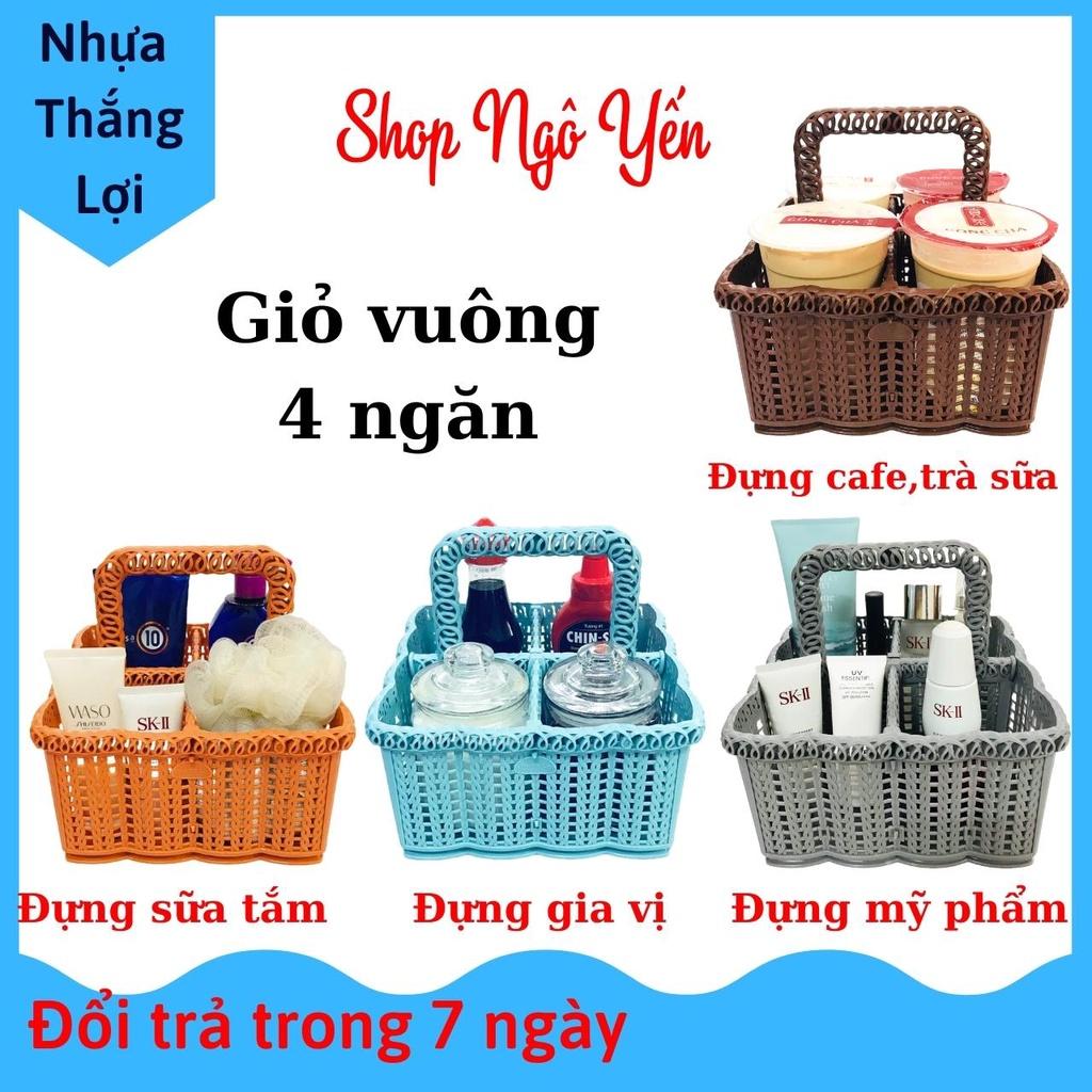 Giỏ nhựa vuông 4 ngăn rổ nhựa có quai xách đựng cafe, trà sữa mang đi, đựng hũ gia vị