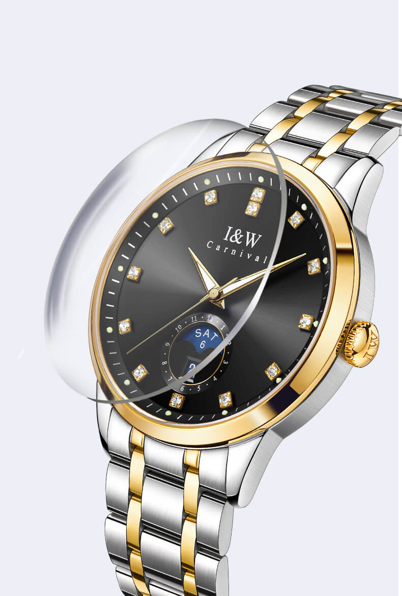 Đồng hồ nam chính hãng I&W Carnival 625G-T3 hàng mới fullbox,kính sapphire,chống xước,chống nước 50m,Bh 24 tháng,máy cơ (automatic),mạ vàng dây thép không gỉ