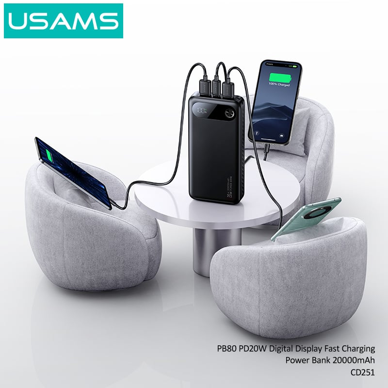 Pin Dự Phòng USAMS CD249 10000mAh/20000mAh 20W (Digital LED Display, USB + 2*Type-C Port) - Hàng Chính Hãng