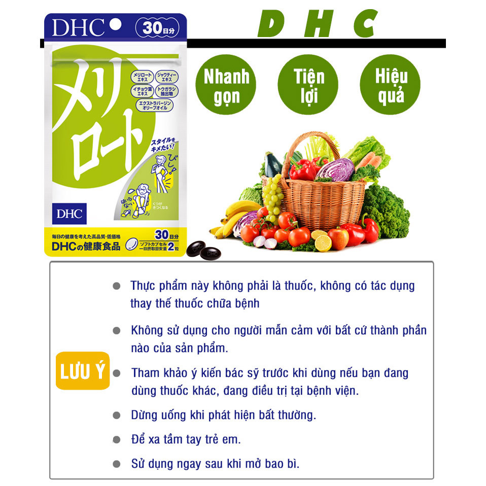 Viên uống làm thon và dài chân DHC Melilot Nhật Bản thực phẩm chức năng hỗ trợ lưu thông máu, bài tiết nước dư thừa, giảm phù nề gói 30 ngày JN-DHC-MEL30