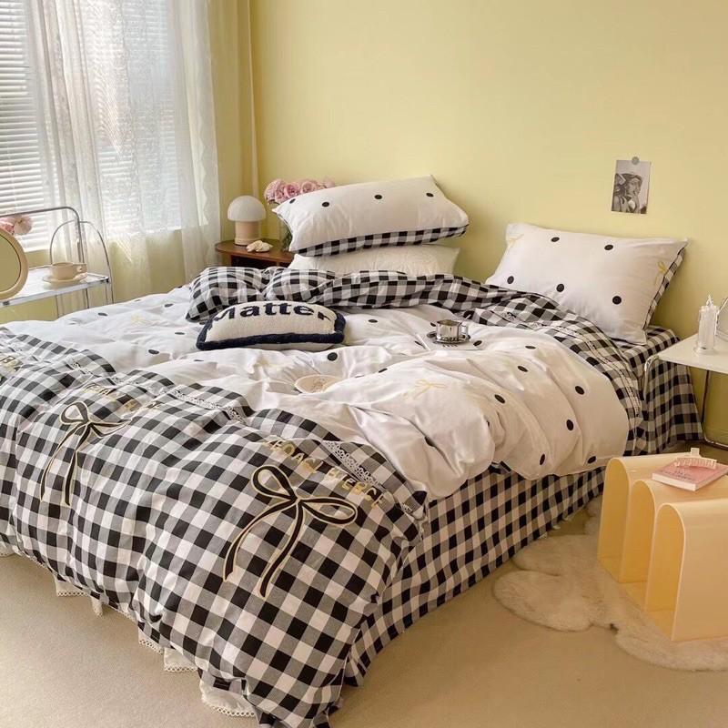 Set Chăn Ga Gối Cotton Living Dây Nơ 100% cottonHàng Nhập Khẩu Cao Cấp 4 Món Nơ Xinh Chấm Bi