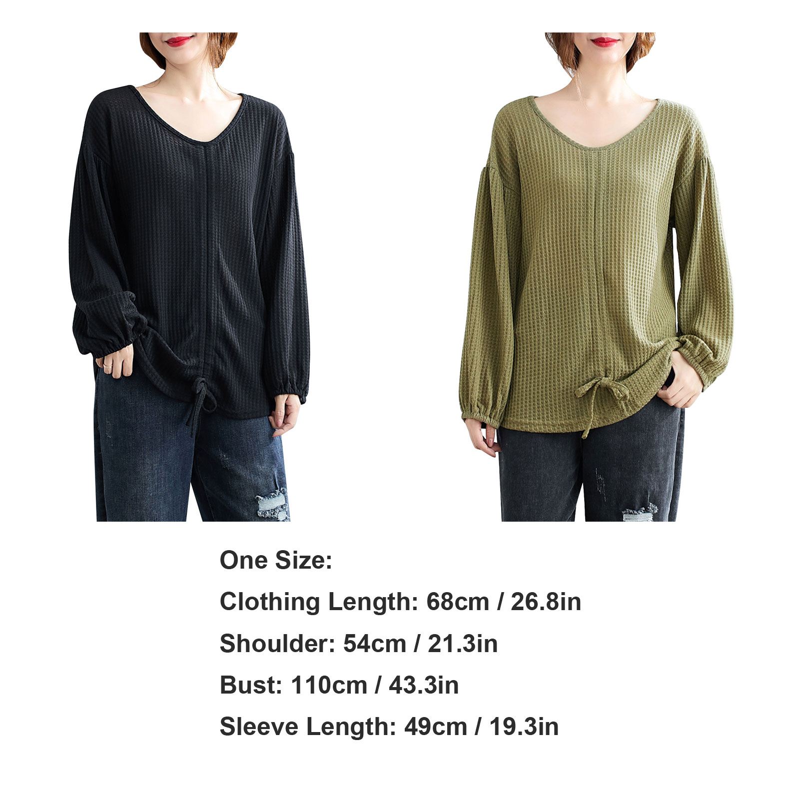 Women Knitted Shirt Drawstring Front V-Neck Lantern Sleeve Pullover Loose Fit Casual Solid Spring Autumn Tops