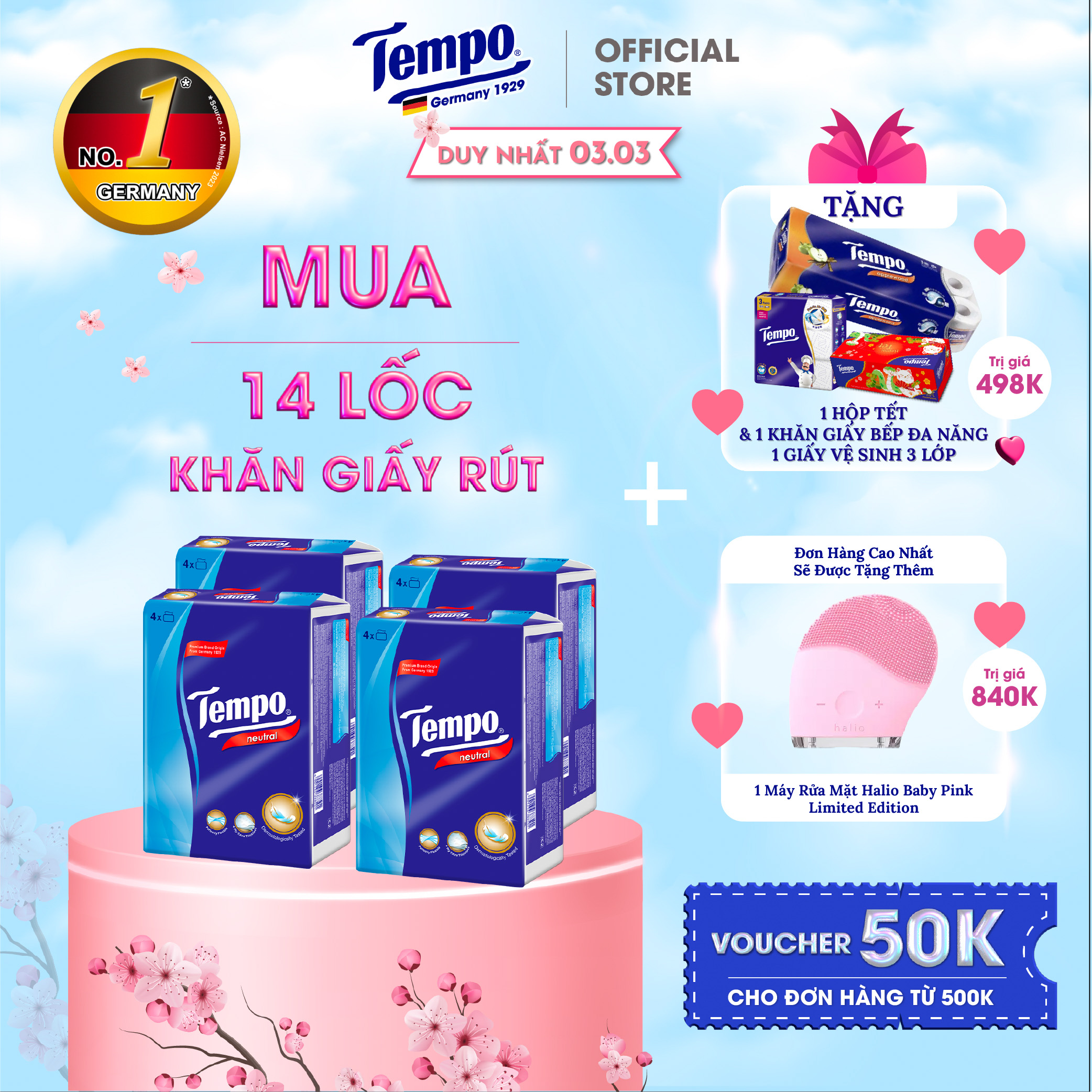 [MUA 14 LỐC TẶNG 1 LỐC GVS 3 LỚP VÀ 1 LỐC GVS 3 LỚP + 1 BĂNG ĐÔ THỎ + 1 CHAI NIVEA] Khăn Giấy Rút Tempo 4 Lớp Bền Dai Thương Hiệu Đức