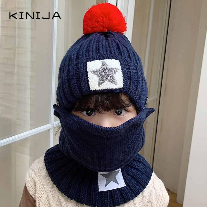 3 Mùa Đông Cho Bé Skullies Bò Mũ Khăn Miệng Mặt Nạ Dệt Kim Trang Trượt Tuyết Ngoài Trời Mũ Pompom Bé Gái Bé Trai Trẻ Em Mặt giữ Ấm Bộ