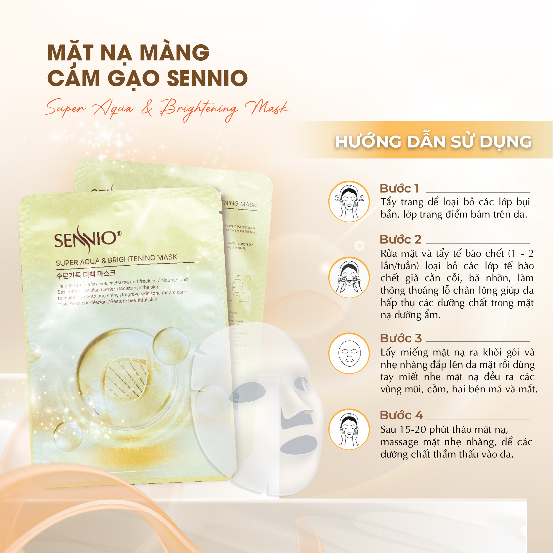 Mặt nạ cám gạo cấp ẩm Sennio Supper Aqua &amp; Brightening Mask dưỡng trắng da ngăn ngừa lão hoá 23ml SNO 821