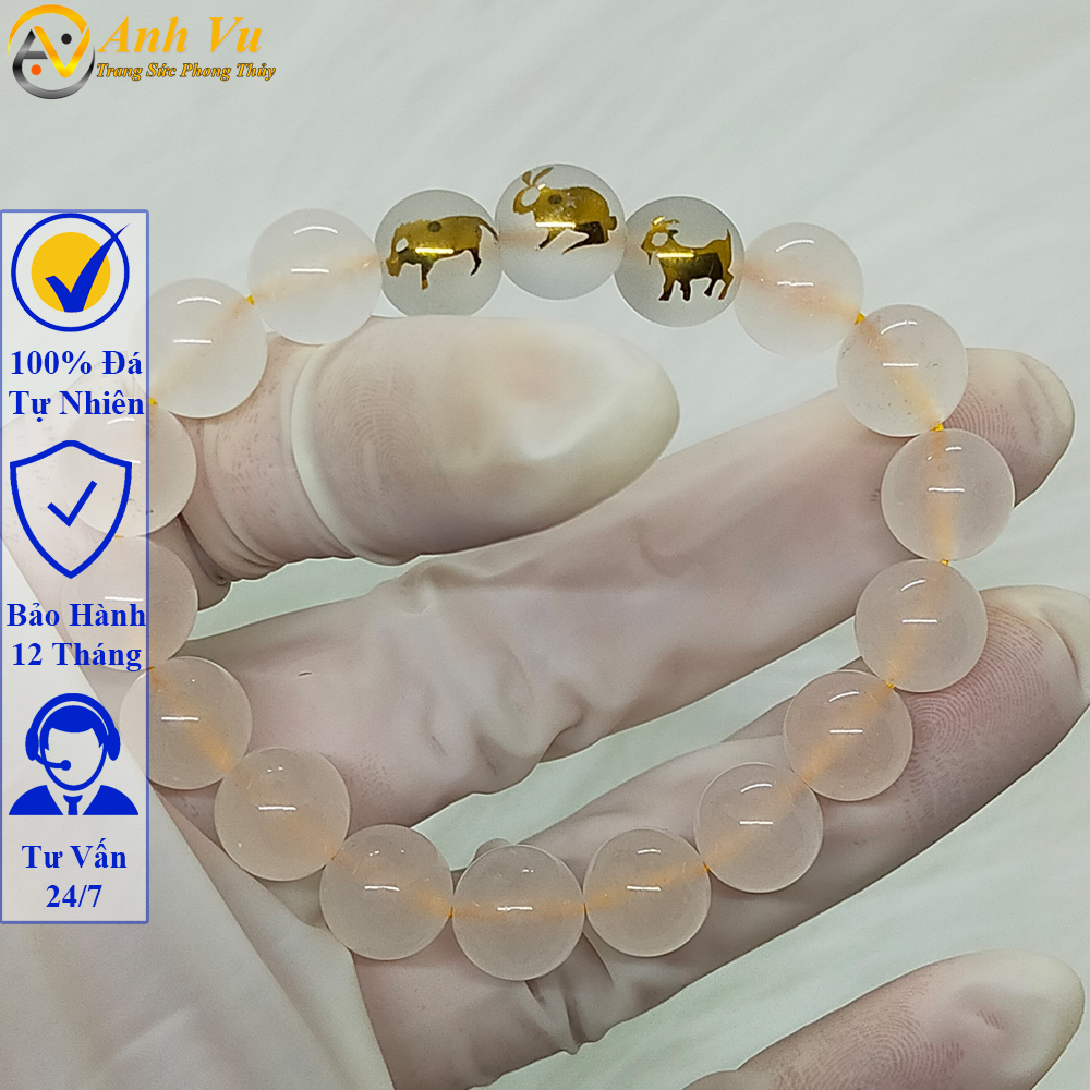 Vòng tay mã não trắng tam hợp hợi mão mùi - size 8 10ly cho nữ mệnh thủy, mệnh kim - có khai quang điểm nhãn may mắn tài lộc - bảo hành 12 tháng - PHONG THỦY ANH VŨ
