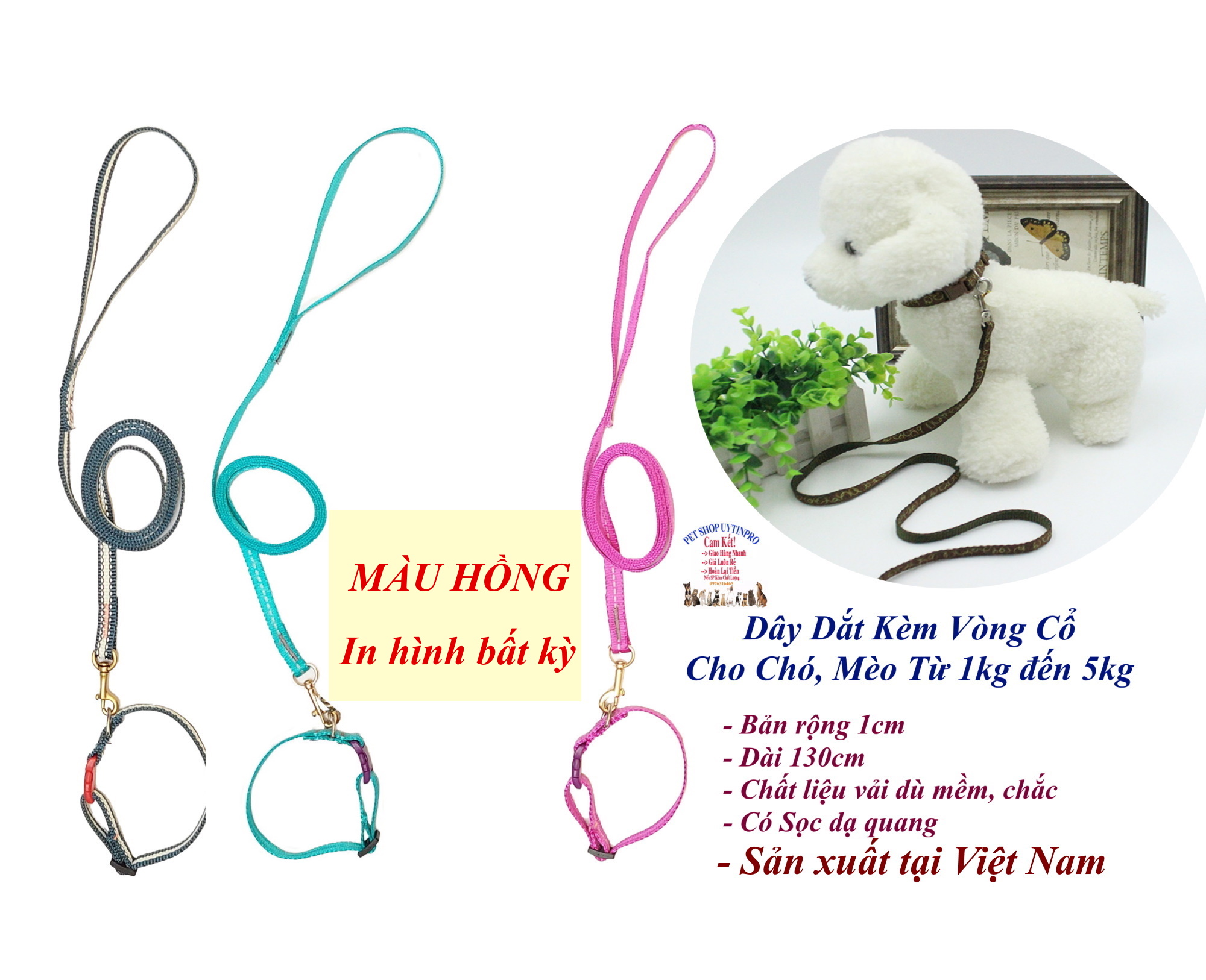Dây dắt kèm vòng cổ cho Chó Mèo từ 1kg đến 5kg Bản rộng 1cm, Chất liệu vải dù, Bền đẹp, Chắc chắn, An toàn SX tại VN