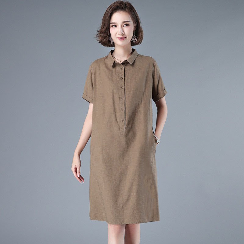 Đầm váy nữ sơ mi nữ ngắn tay, Váy sơ mi đũi nữ dáng suông 2 túi sườn, thời trang phong cách Hàn Quốc Đũi Việt DV161
