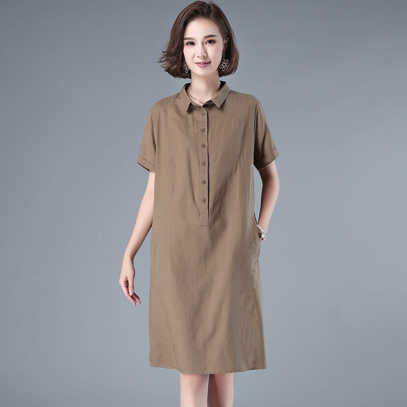Đầm váy sơ mi nữ ngắn tay, Váy linen nữ cổ sơ mi dáng ngắn, suông trơn phong cách nữ công sở ARCTIC HUNTER