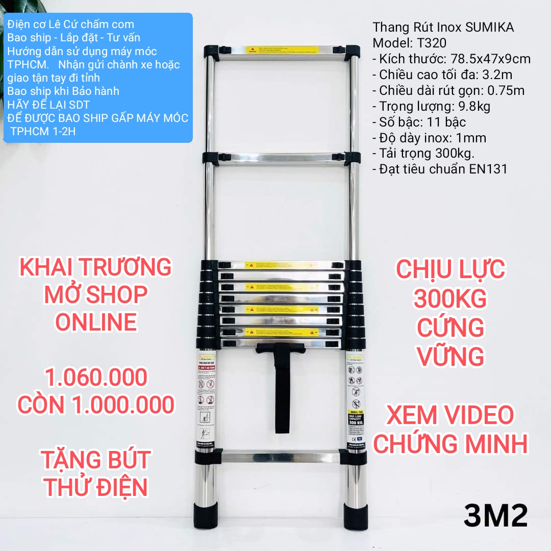 Thang rút đơn INOX Sumika 3m2 3m8 4m4 5m1 - Bao ship gấp 1-2H