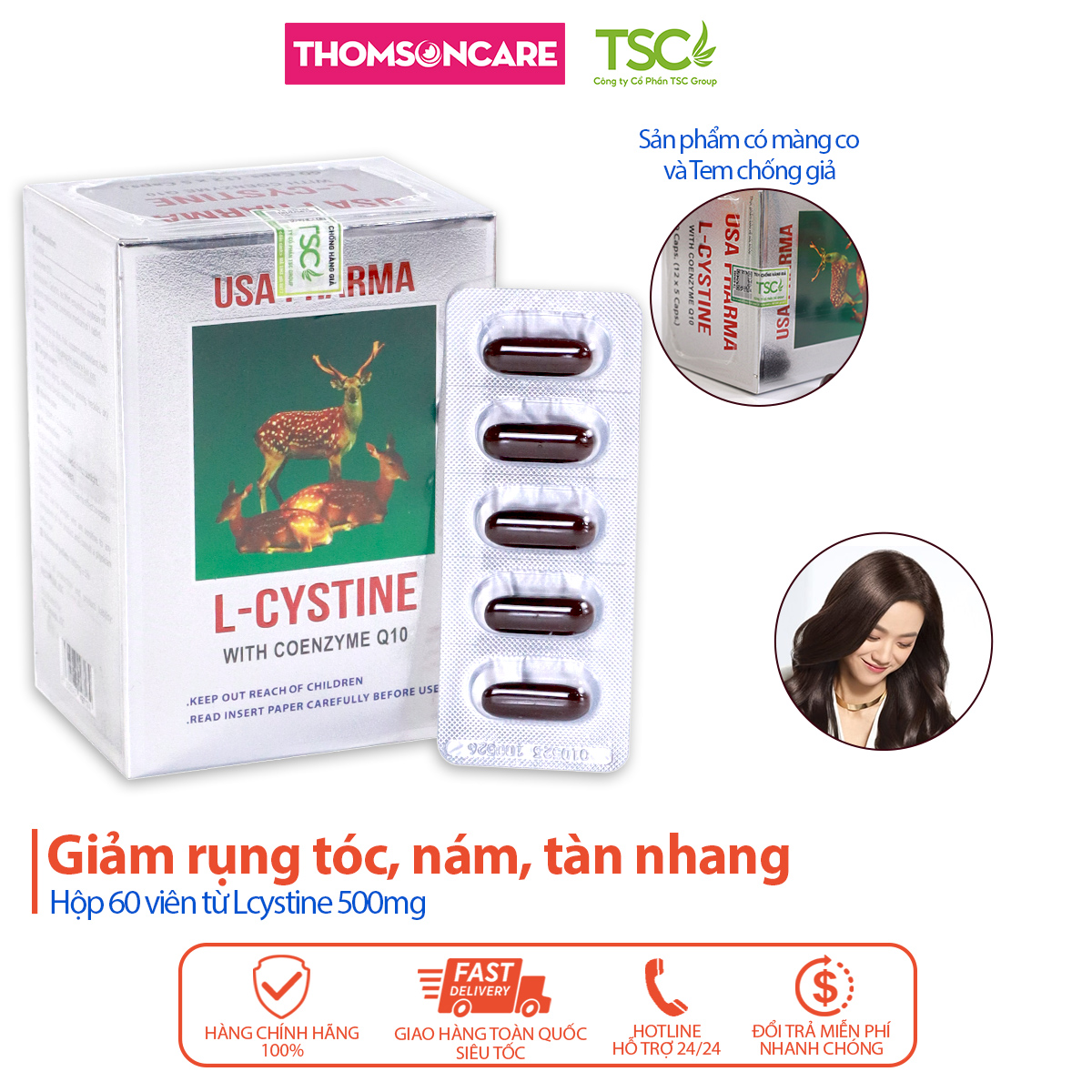 Viên uống Lcystine Hộp 60 Viên - Hỗ trợ làm đẹp da, giảm rụng tóc , hết nám, tàn nhang, hạn chế lão hóa da , giúp da sáng mịn - Từ Lcystine và CoenzymeQ10 - Thomsoncare