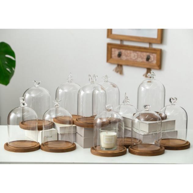 Chụp thủy tinh đế gỗ chống bụi, trang trí trái tim, chim, thỏ, noel - đậy nến thơm Candle Cup, BBW