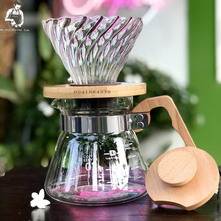 Bộ Bình Pha Cà Phê Drip Coffee, Pour over V60 600ML Tay Cầm Gỗ