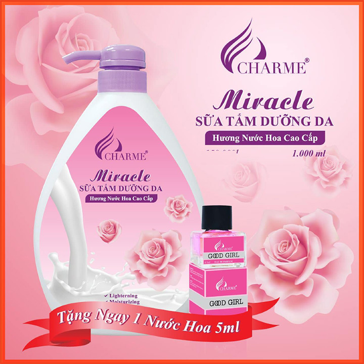 Sữa tắm Charme dưỡng trắng da Miracle 1000ml - Hương hoa hồng + Tặng kèm 1 chai nước hoa 5ml