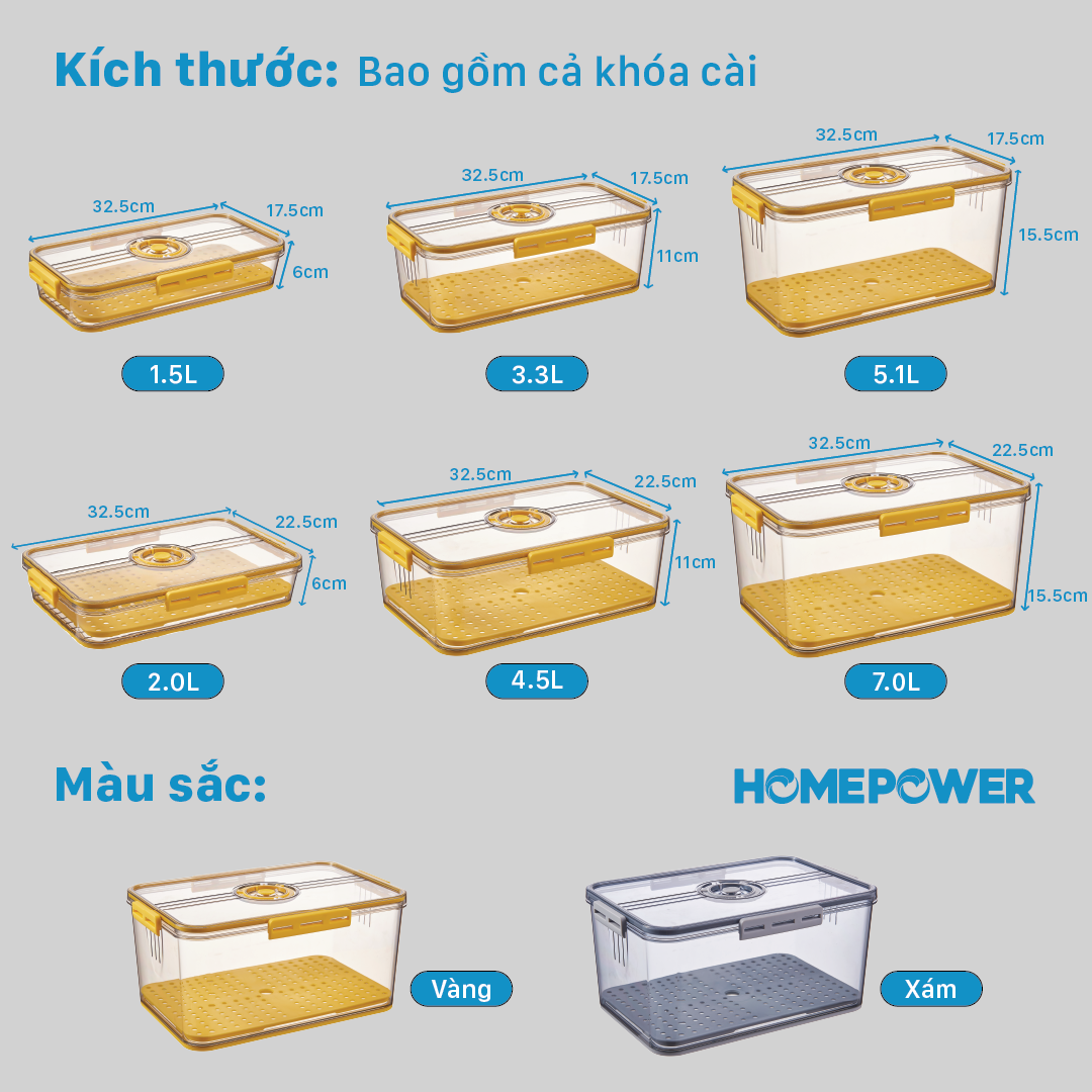 Hộp Nhựa Đựng Thực Phẩm, Hộp Bảo Quản Thực Phẩm Tủ Lạnh Homepower Trong Suốt Có Khay Lót Đáy Giúp Ráo Nước, Vòng Ghi Chú Thời Gian Bảo Quản Tiện Lợi