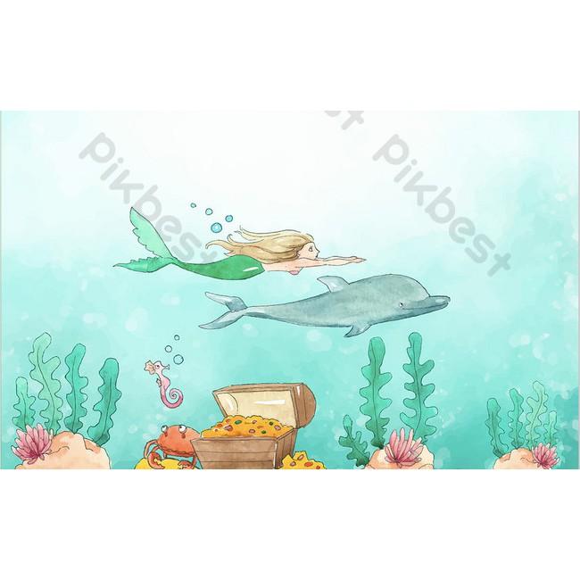 Nàng tiên cá và chú cá heo trang trí phòng em bé, tranh dán tường 3d hiện đại MS697397
