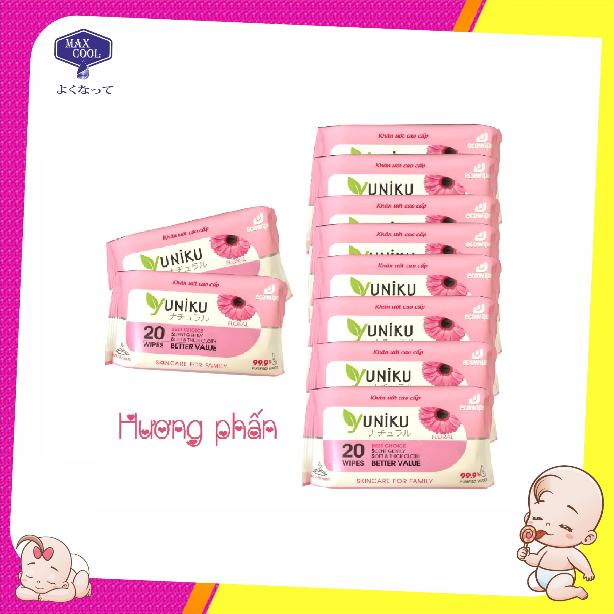 Combo 10 Gói Khăn Ướt Yuniku 20 Tờ Hương Phấn