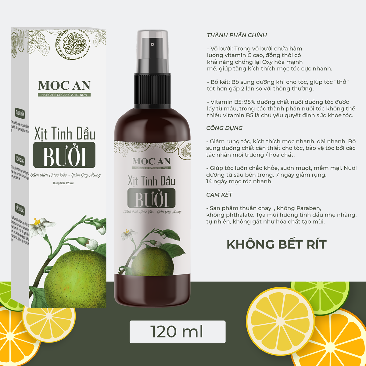 Xịt Kích Mọc Tóc Tinh Dầu Bưởi Da Xanh 120ml Mộc Ân Haircare hỗ trợ giảm rụng, nuôi dưỡng dài tóc