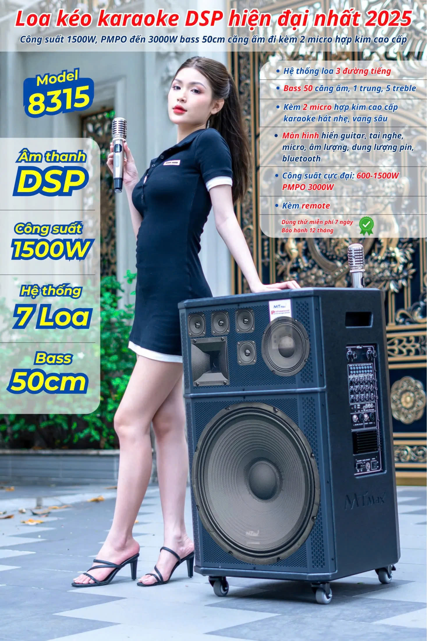 Loa karaoke nghe nhạc nhập khẩu nội địa 8315 Bass 45,1 Trung, 5 Treble Công suất 1500W kèm 2 mic chống hú hát hay hàng nhập khẩu