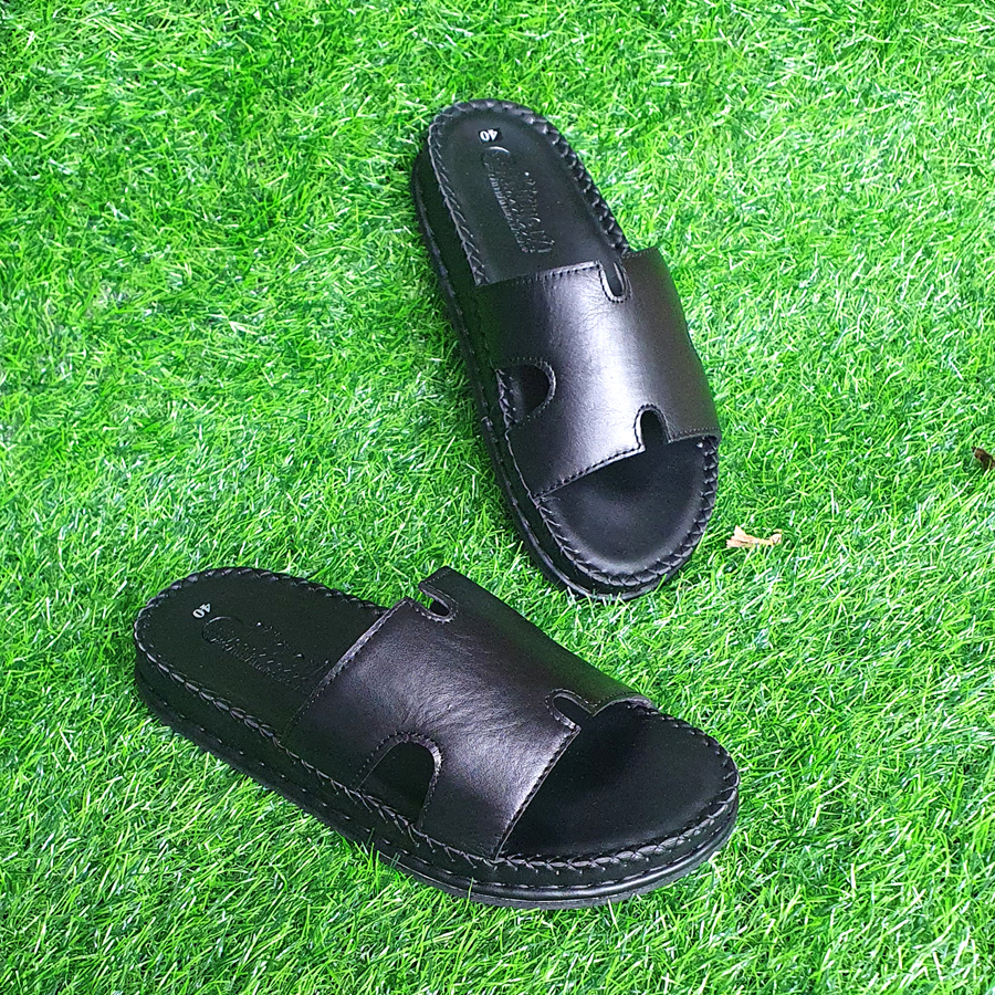 Dép nam đế cao 3cm bản ngang chữ H da bò trường Hải màu đen D146