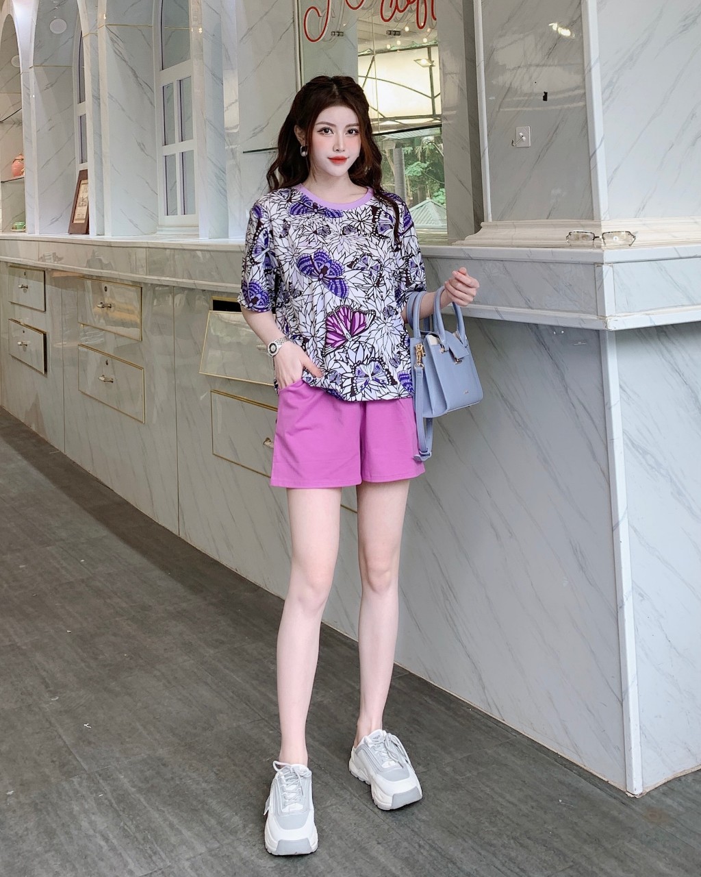 Set Bộ Thun Đùi Form Rộng Áo Thun Lạnh In 3D Phối Quần Thun Cotton Màu Tím Mơ Tươi Mới