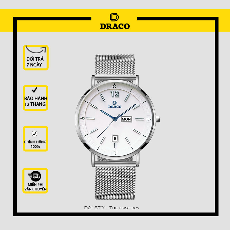 Đồng Hồ Nam DRACO Sang Trọng D21-ST01 "The First boy" Lưới Bạc
