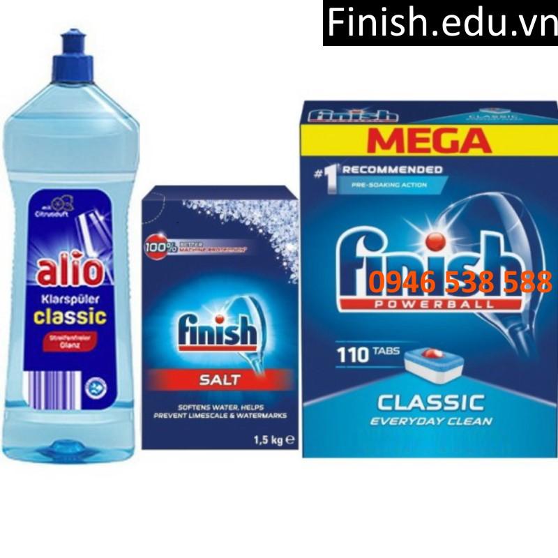 Combo viên rửa bát finish 110 viên + muối rửa bát finish 1.5kg + Nước làm bóng alio 1 lít dùng cho máy rửa bát