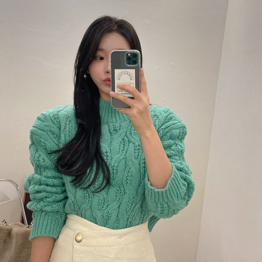 Áo sweater dệt kim màu xanh dáng ngắn thời trang ulzzang 