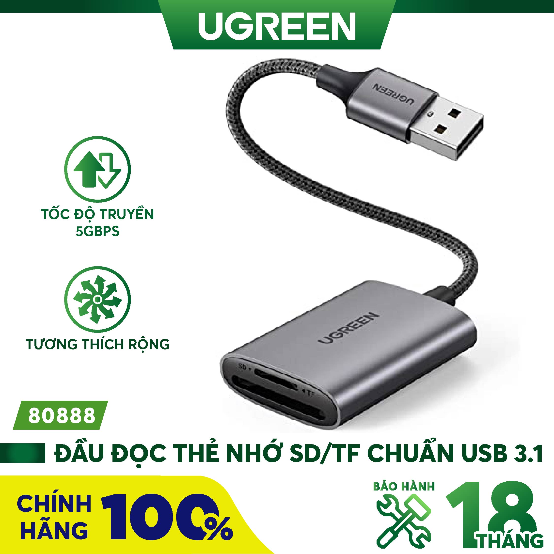 Đầu đọc thẻ SD/TF chuẩn USB 3.1 Type-C Ugreen 80888 vỏ nhôm cao cấp - Hàng chính hãng