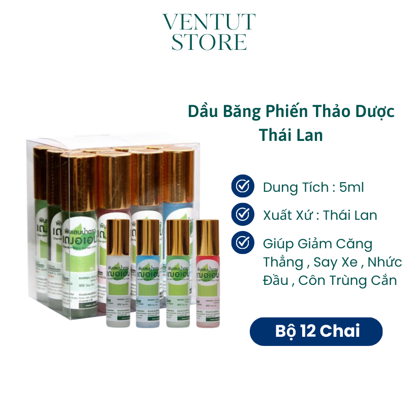 Bộ 12 Chai Dầu Lăn Băng Phiến Thảo Dược Cher Aim Brand Borneol Inhaler Thái Lan 8ml -5ml