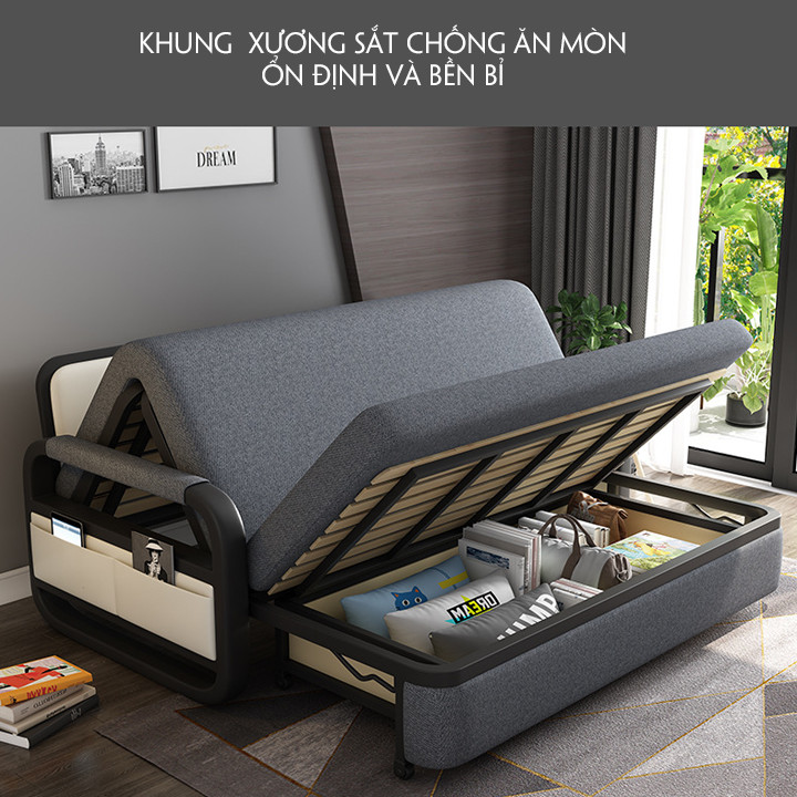 Giường Ngủ Kiêm Ghế Sofa 1m90 x 1m61 Kèm Ngăn Chứa Đồ Đa Năng - Giường Sofa Gấp Gọn Khung Thép Cường Lực Cao Cấp Giường Sofa Đa Năng Gấp Gọn Thành Ghế