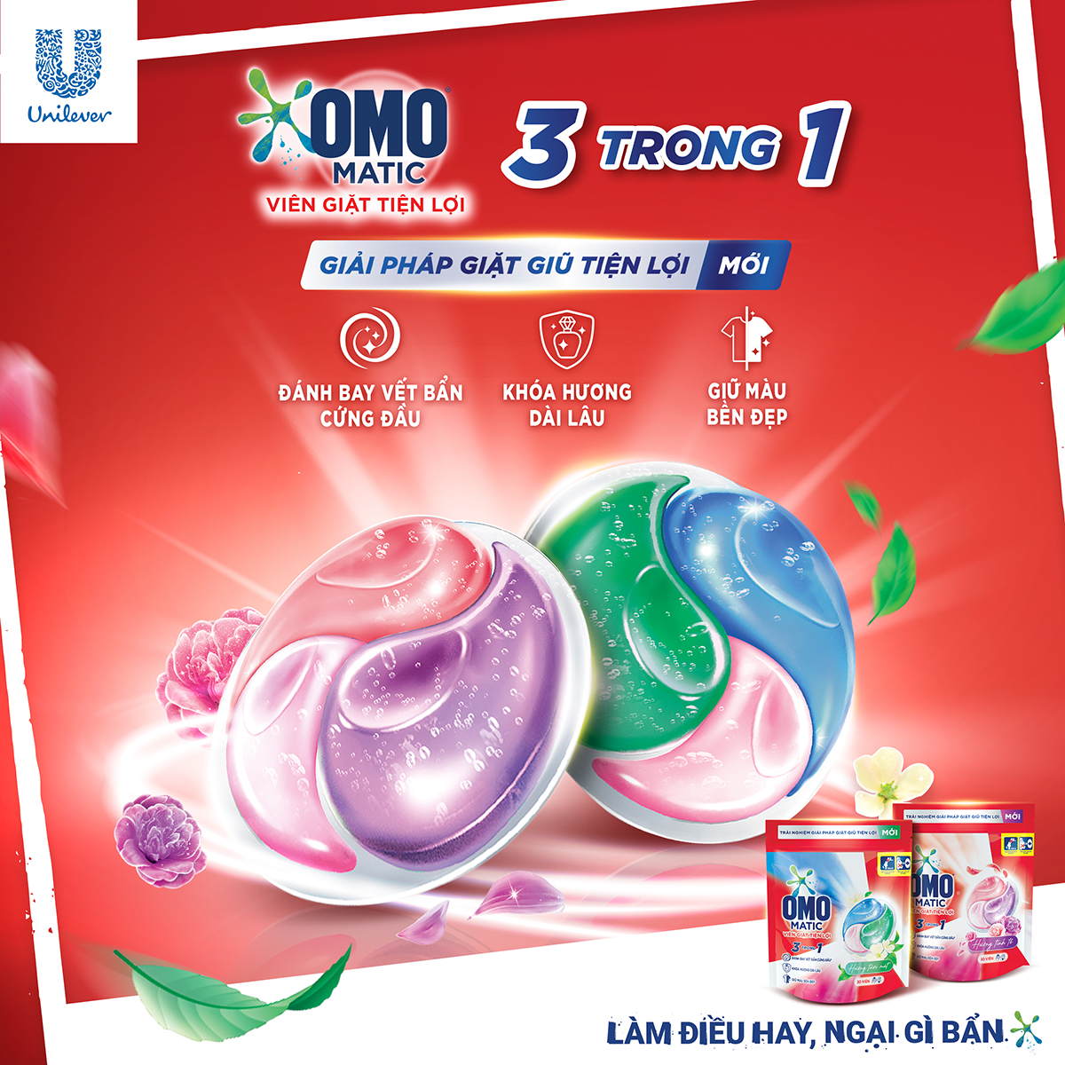 Combo 3 túi viên giặt tiện lợi OMO 3 trong 1 Hương tươi mát (30 viên/túi)